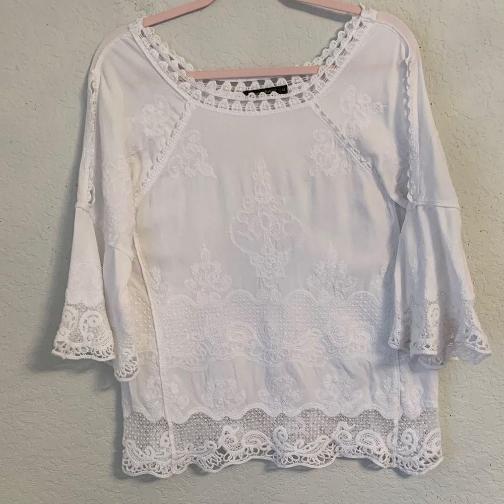 Spiaggia Dolce White Lace Embroidered Cold Shoulder Blouse Women's Size M